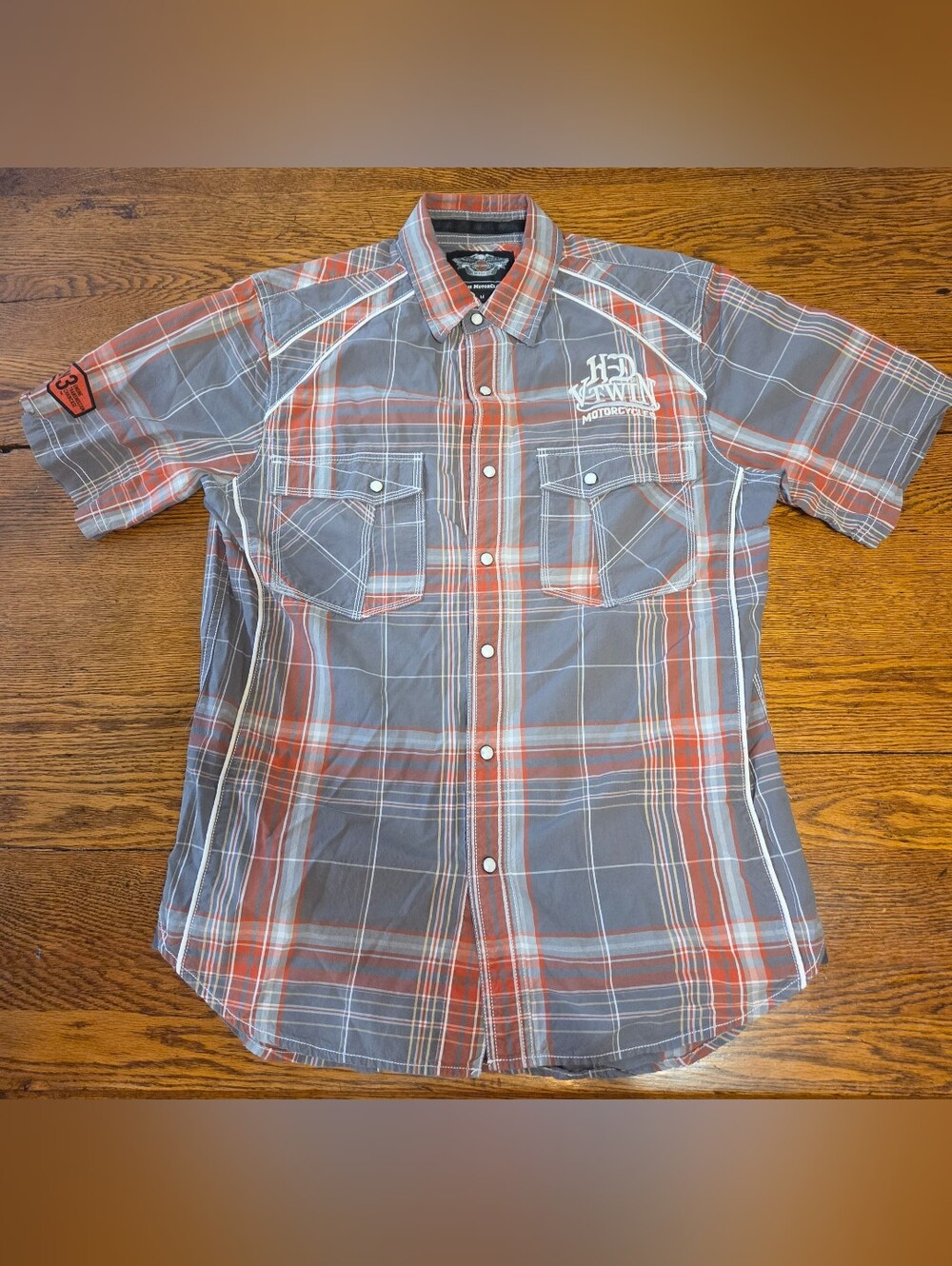 Harley Davidson Motorcycles Plaid Button-Up Shirt Gray & Orange Men's Size M